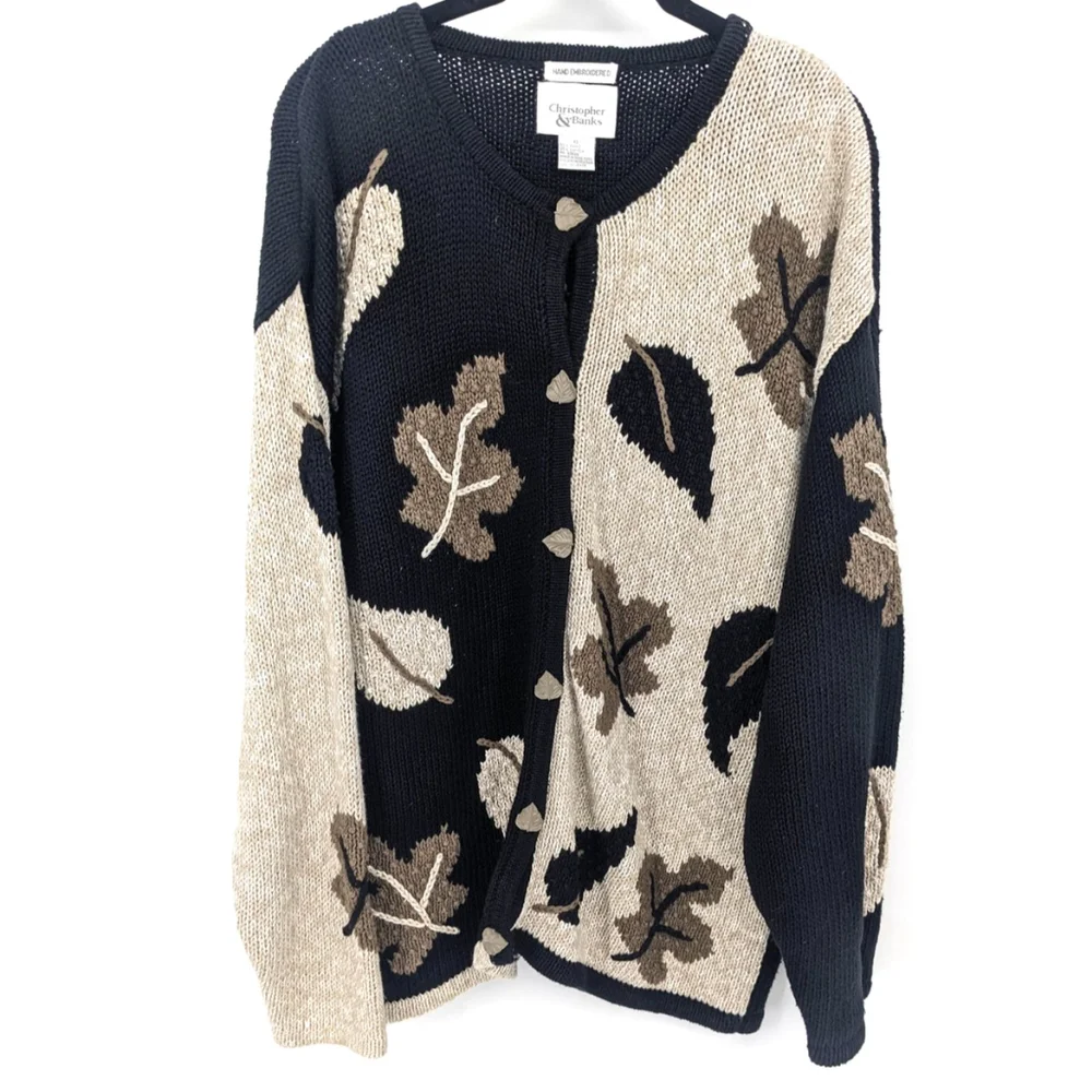 Vintage Sweater Women XL Black Beige Long Cardigan‎ Fall Leaves Embroidered Knit
